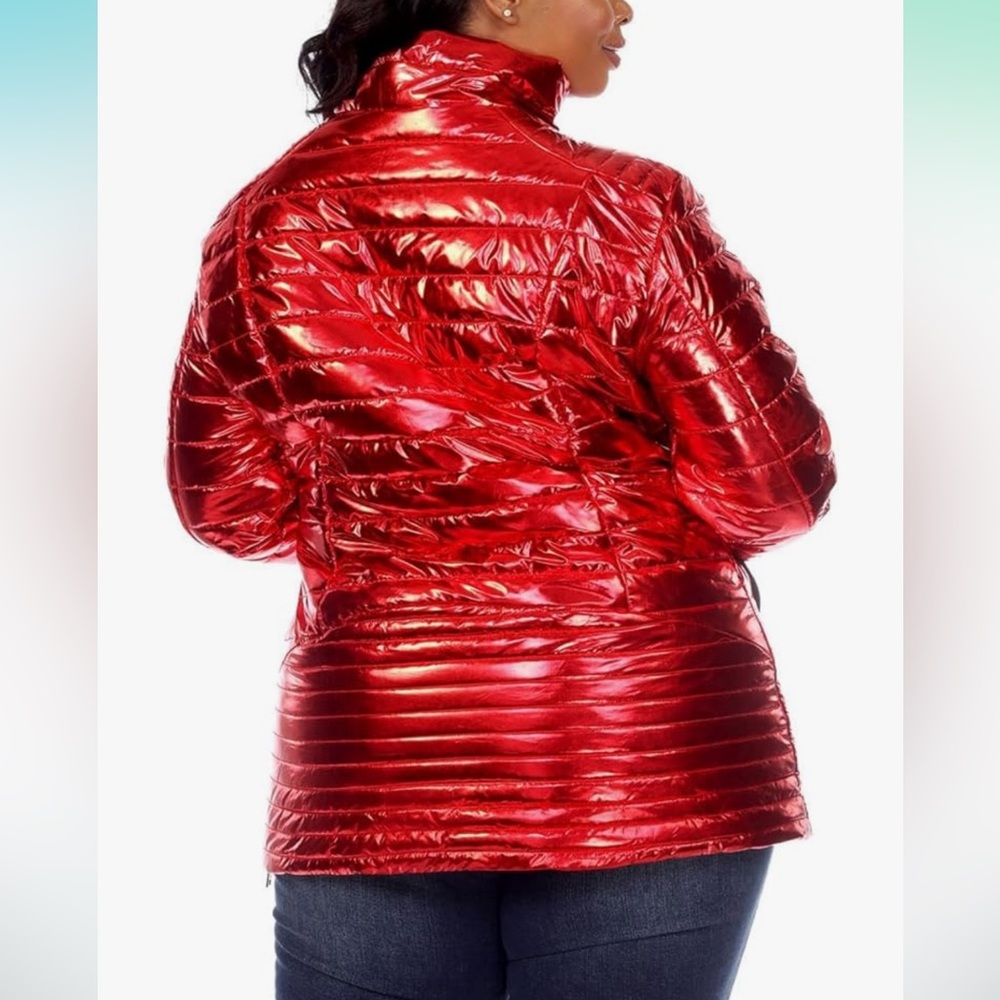 White Mark Women's Plus Size Metallic Zip-Up Quilted Coat - Picture 3 of 9